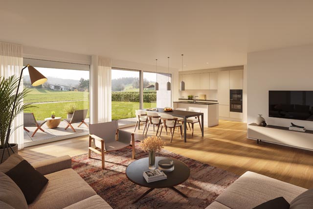 So soll es bald einmal im Quartier Lammet aussehen - Einblick in eine Wohnung. Visualisierungen: zVg