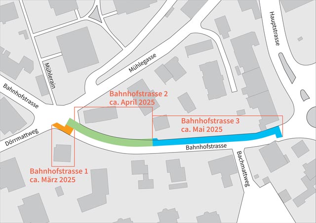 Lageplan der Bauarbeiten an der Bahnhofstrasse in Frick. Plan: IWB