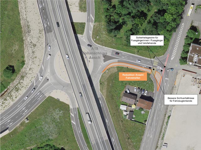 A18-Vollanschluss Aesch: Ausfahrt zur Dornacherstrasse wird für Langsamverkehr optimiert. Foto: zVg