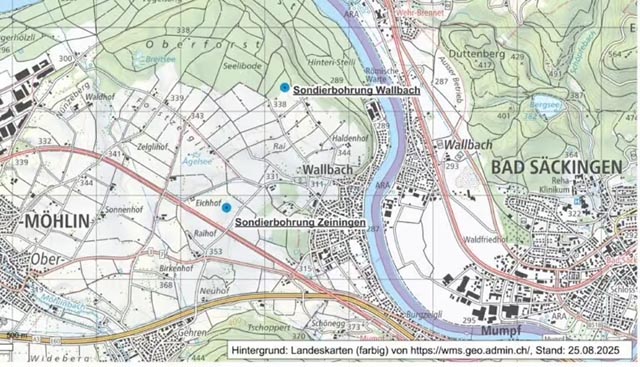Lageplan der Sonierbohrungen (blaue Punkte). Karte: Schweizer Salinen